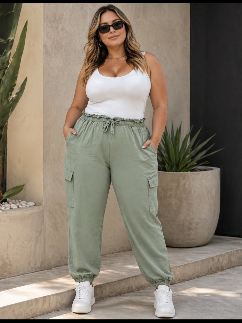 LOFT Outlet Twill Tapered Pants Green Elastic Waist Drawstring Cargo Pocket Xl